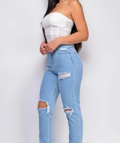 Emprada Out Of Sight Light Blue High Waist Straight Leg Knee Distressed Jeans Denim Bottoms