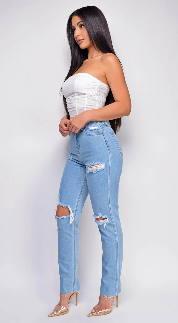 Emprada Out Of Sight Light Blue High Waist Straight Leg Knee Distressed Jeans Denim Bottoms 2 Emprada Out Of Sight Light Blue High Waist Straight Leg Knee Distressed Jeans Denim Bottoms