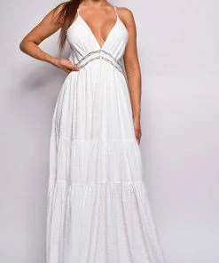 Emprada Dresses Antigua White Thin Straps Lace Trim Back Maxi Dress