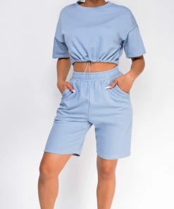 Emprada Nia Blue Crop Drawstring Top And Short Set Loungewear