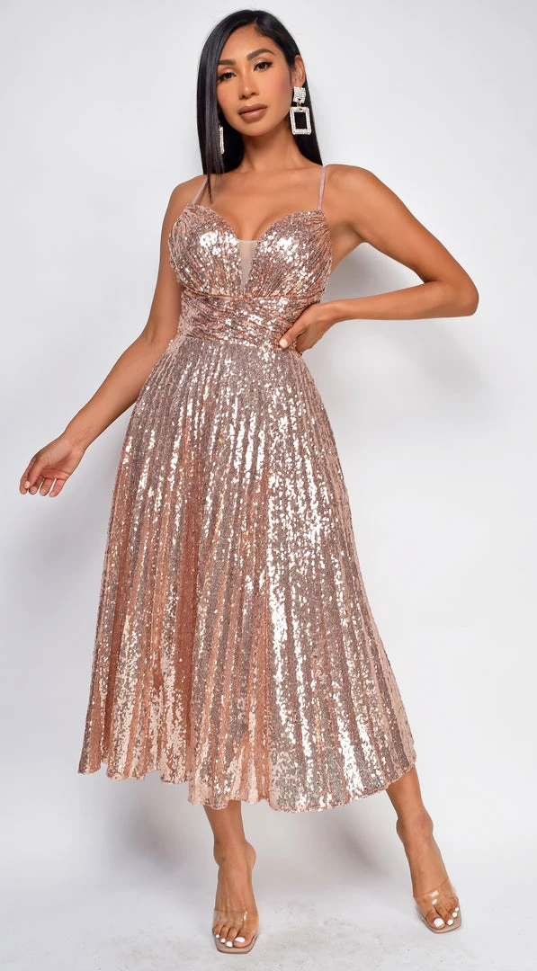 Emprada Lights On Rose Gold Sequin A-Line Dress 1 Emprada Lights On Rose Gold Sequin A-Line Dress