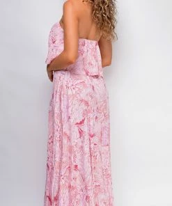 Emprada Lillian Pink Floral Print Tube Sleeveless Side Slit Dress