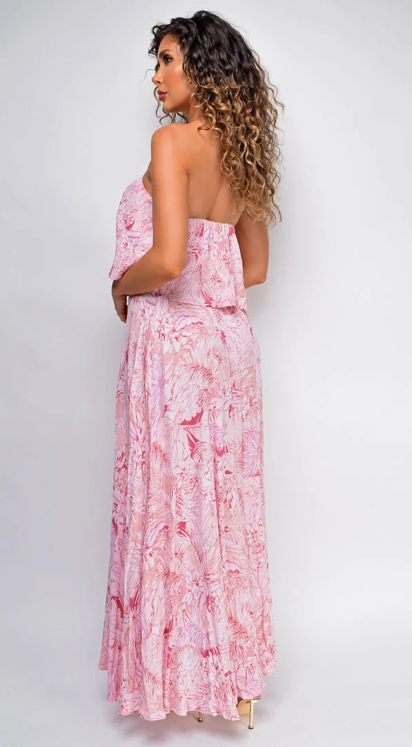 Emprada Lillian Pink Floral Print Tube Sleeveless Side Slit Dress 2 Emprada Lillian Pink Floral Print Tube Sleeveless Side Slit Dress