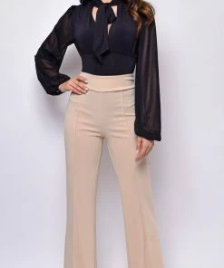 Emprada Chester Beige High Waist Flared Bottom Pants Bottoms