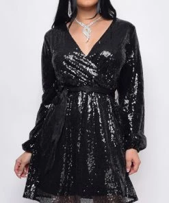 Emprada Cordelia Black Sequin Belted Long Sleeve Midi Dress
