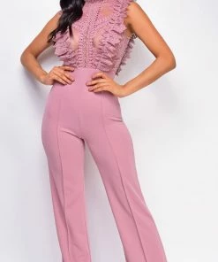 Emprada Jumpsuits & Rompers Vanna Mauve Pink Crochet Flared Leg Jumpsuit