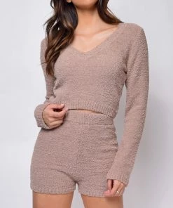 Emprada Yazmin Taupe Beige Fuzzy V Neck Sweater And Shorts Set