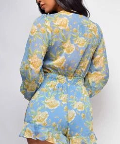 Emprada Uptown Blue Floral Front Tie Romper