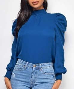 Emprada Tops Lamaria Blue High Neck Blouse