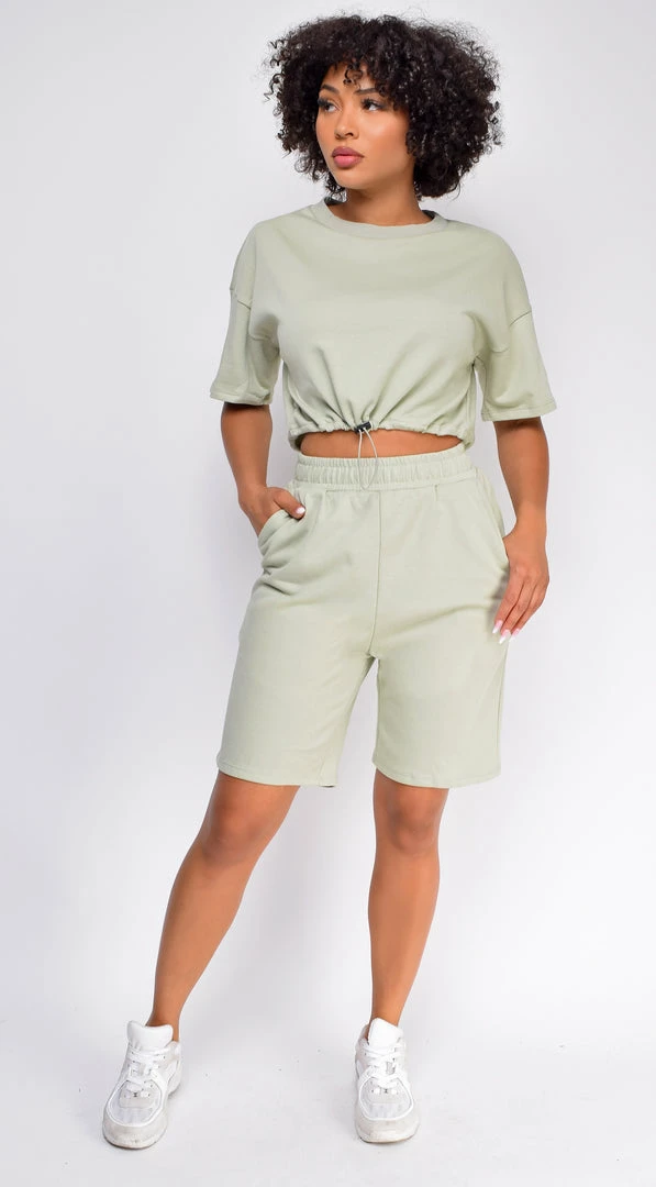 Emprada Nia Sage Green Crop Drawstring Top And Short Set 1 Emprada Nia Sage Green Crop Drawstring Top And Short Set