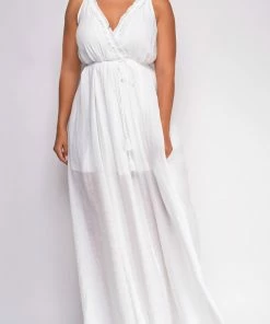 Emprada Cabana White Ruffle Detail Slit Maxi Dress