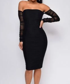 Emprada Neta Black Ruched Mesh Sleeve Off Shoulder Bandage Dress Dresses