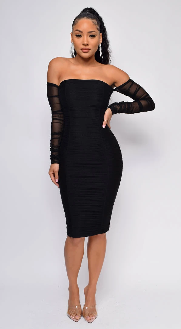 Emprada Neta Black Ruched Mesh Sleeve Off Shoulder Bandage Dress Dresses 1 Emprada Neta Black Ruched Mesh Sleeve Off Shoulder Bandage Dress Dresses