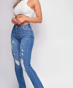 Emprada Devora Blue Medium Wash Distressed Slit Hem Jeans Bottoms