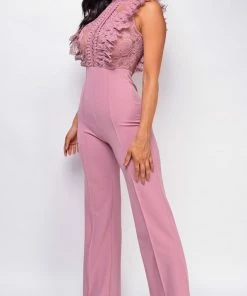 Emprada Jumpsuits & Rompers Vanna Mauve Pink Crochet Flared Leg Jumpsuit