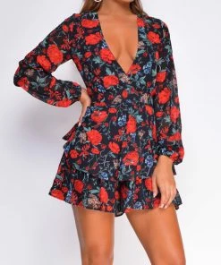 Emprada Bellarose Black Red Floral Print Romper