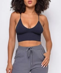 Emprada Luca Black Seamless Ribbed Spaghetti Strap Brami