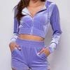Emprada Lounge Around Lavender Purple Velour Crop Hoodie Shorts Set