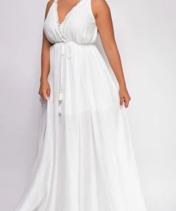 Emprada Cabana White Ruffle Detail Slit Maxi Dress