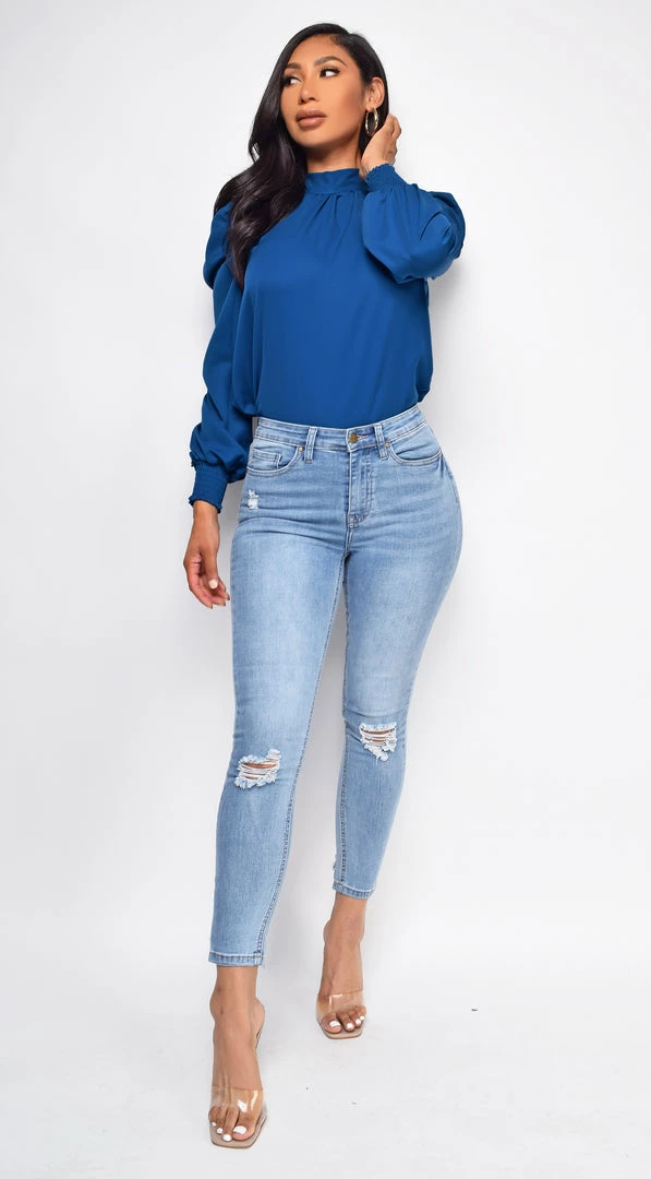 Emprada Tops Lamaria Blue High Neck Blouse 4 Emprada Tops Lamaria Blue High Neck Blouse