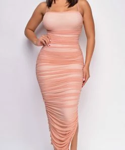 Emprada Kana Blush Pink Ruched Mesh Slit Dress Dresses