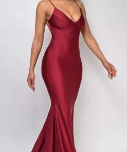 Emprada Mavin Burgundy Red V Neck Low Back Gown