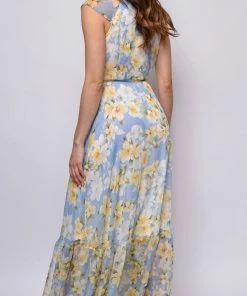 Emprada Sweet Sunset Blue Yellow Print Cap Sleeve Wrap Maxi Dress