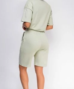 Emprada Nia Sage Green Crop Drawstring Top And Short Set