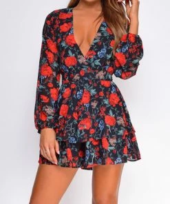 Emprada Bellarose Black Red Floral Print Romper
