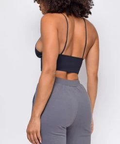 Emprada Luca Black Seamless Ribbed Spaghetti Strap Brami