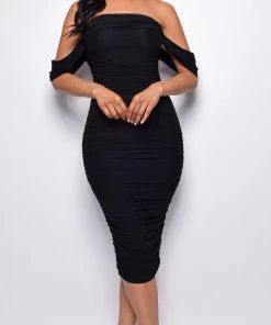 Emprada Kat Black Mesh Off Shoulder Dress