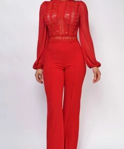 Emprada Nerine Red Crochet Lace Mesh Jumpsuit Jumpsuits & Rompers