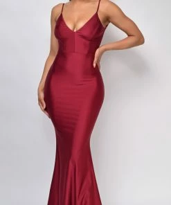Emprada Mavin Burgundy Red V Neck Low Back Gown