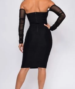 Emprada Neta Black Ruched Mesh Sleeve Off Shoulder Bandage Dress Dresses 5 Emprada Neta Black Ruched Mesh Sleeve Off Shoulder Bandage Dress Dresses