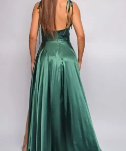 Emprada Penelope Green Emerald Drape Neck Slit Satin Gown Dresses
