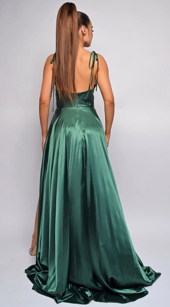 Emprada Penelope Green Emerald Drape Neck Slit Satin Gown Dresses 2 Emprada Penelope Green Emerald Drape Neck Slit Satin Gown Dresses