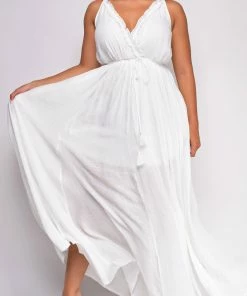 Emprada Cabana White Ruffle Detail Slit Maxi Dress