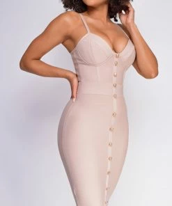 Emprada Nelinha Nude Gold Button Bandage Dress