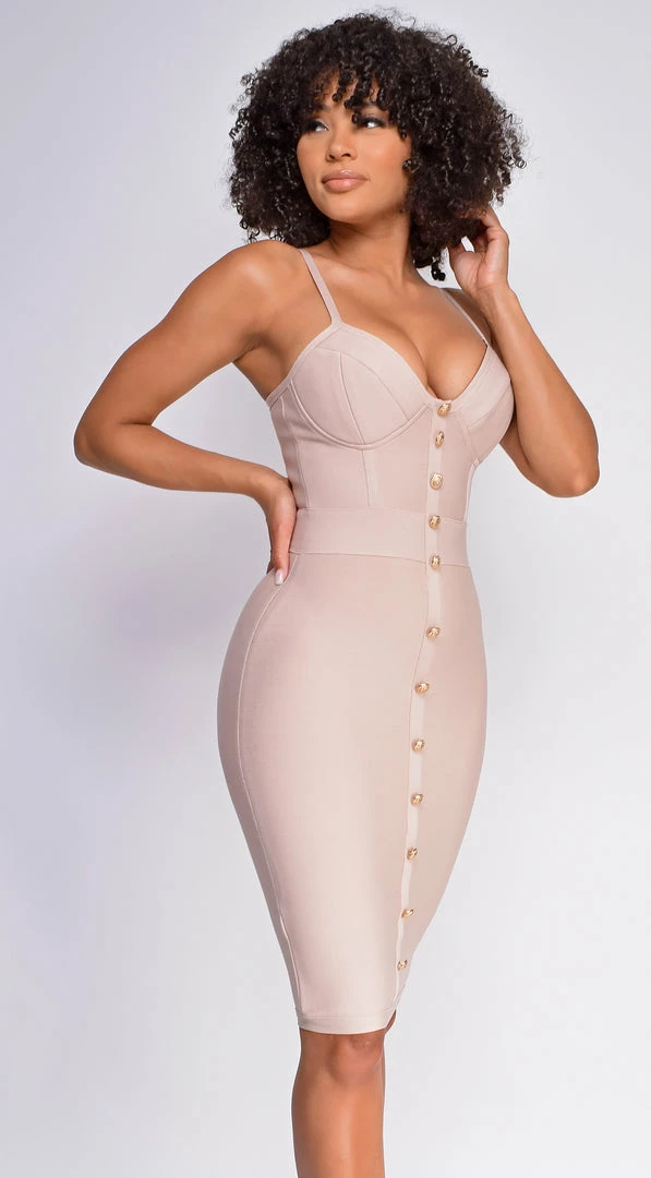 Emprada Nelinha Nude Gold Button Bandage Dress 2 Emprada Nelinha Nude Gold Button Bandage Dress