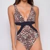 Emprada Antigua Brown Pink Leopard Print Cut Out Sides Monokini Swim