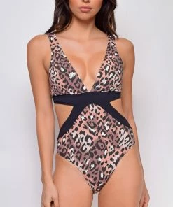 Emprada Antigua Brown Pink Leopard Print Cut Out Sides Monokini Swim