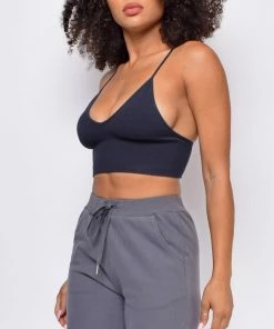 Emprada Luca Black Seamless Ribbed Spaghetti Strap Brami