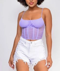 Emprada Elva Lavender Purple Mesh Ruched Cage Corset Top