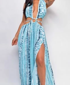 Emprada Up All Night Blue Tie Dye Double Slit Maxi Dress Dresses