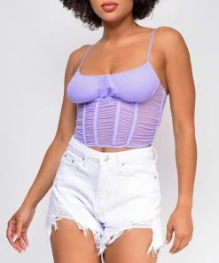 Emprada Elva Lavender Purple Mesh Ruched Cage Corset Top