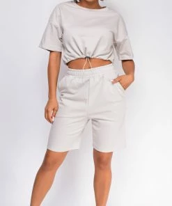 Emprada Loungewear Nia Stone Grey Crop Drawstring Top And Short Set