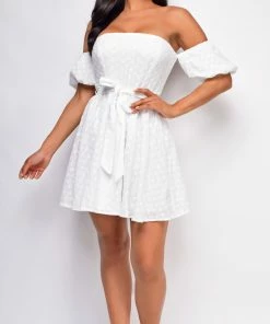 Emprada Nelly White Off Shoulder Eyelet Dress