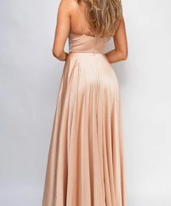Emprada Oliana Nude Beige Satin Slit Gown 5 Emprada Oliana Nude Beige Satin Slit Gown