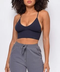 Emprada Luca Black Seamless Ribbed Spaghetti Strap Brami