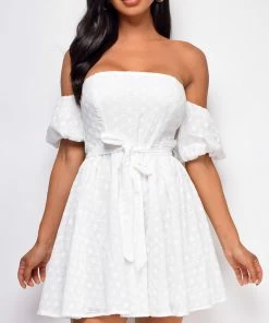 Emprada Nelly White Off Shoulder Eyelet Dress